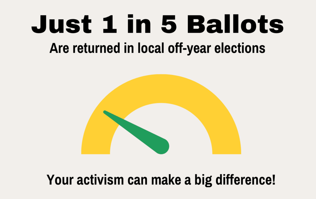 Just 1 in 5 ballots are returned in local off-year elections. Your activism can make a big difference!