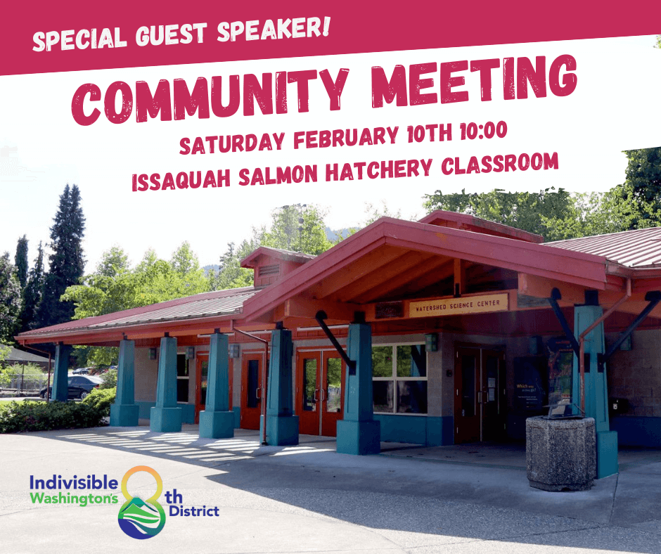 A picture of the Issaquah Salmon Hatchery classroom with text: Special guest speaker! Community Meeting, Febrary 10th at 10:00