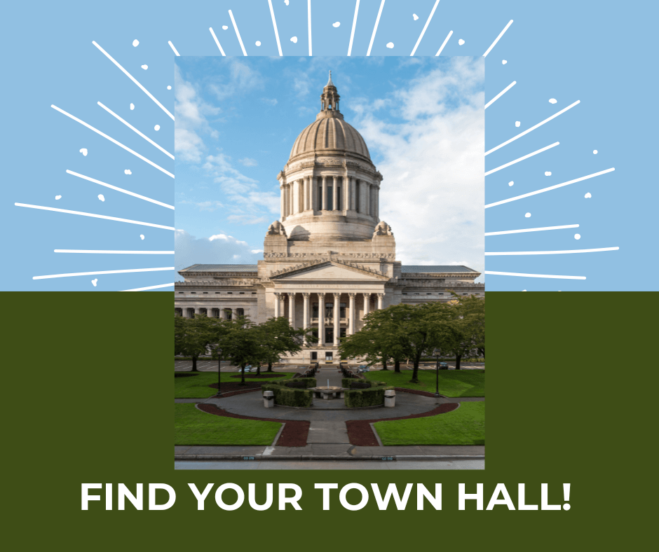 An image of the state house in Olympia with the caption "Find your town hall!"
